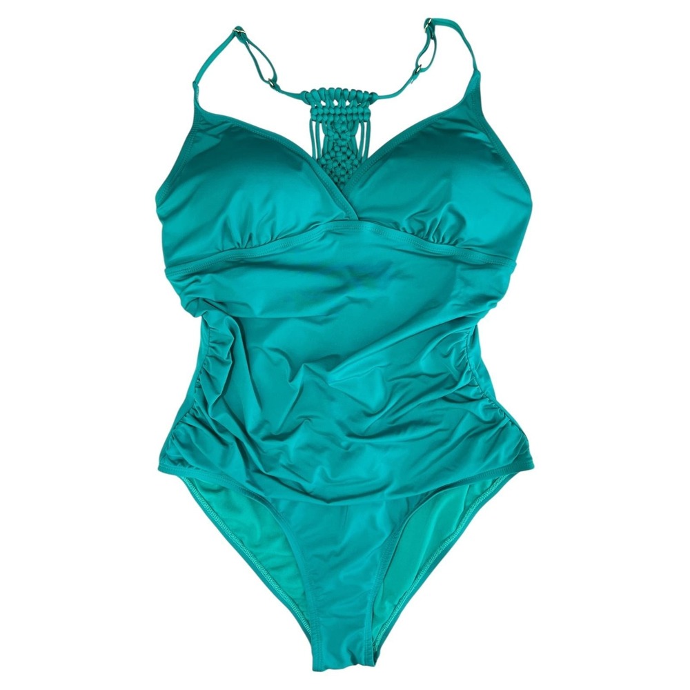 Hilor One Piece Swimsuit Womens Size 16 Teal Ruched Monokini Macrame Back‎ Swim - Picture 2 of 11